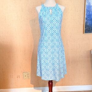 JUDE CONNALLY sleeveless SUMMER DRESS in white w/blue floral/geometric print